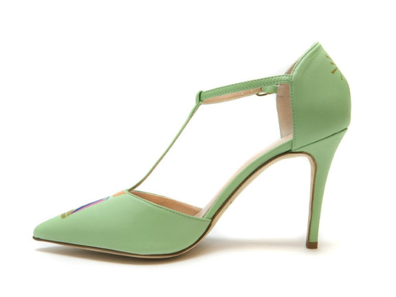 handpainted Italian comfortable pale green pumps heels with cubism design