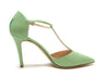 handpainted Italian comfortable pale green pumps heels with cubism design