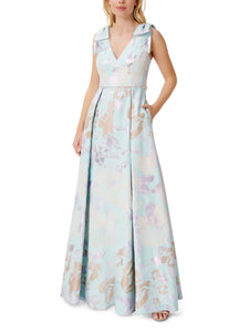 Aidan Mattox Floral Jacquard Ball Gown With Bow Accents In Sea Glass