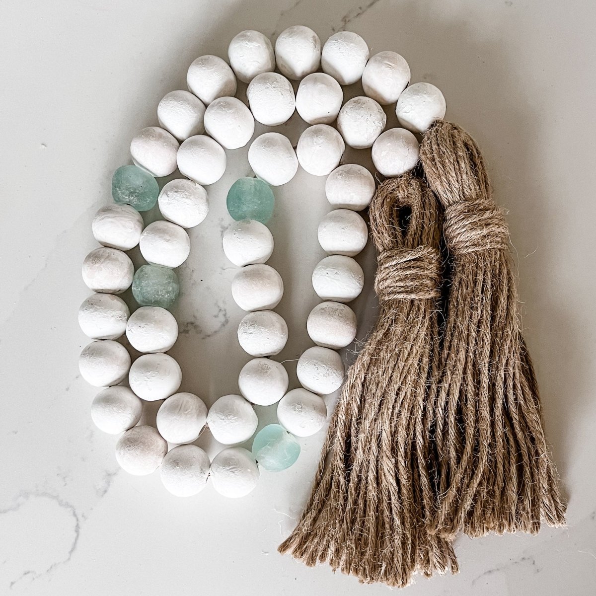 Load image into Gallery viewer, Whitewashed Wood Bead Garland with Jumbo Aqua Recycled Glass Beads - sonder and wolf
