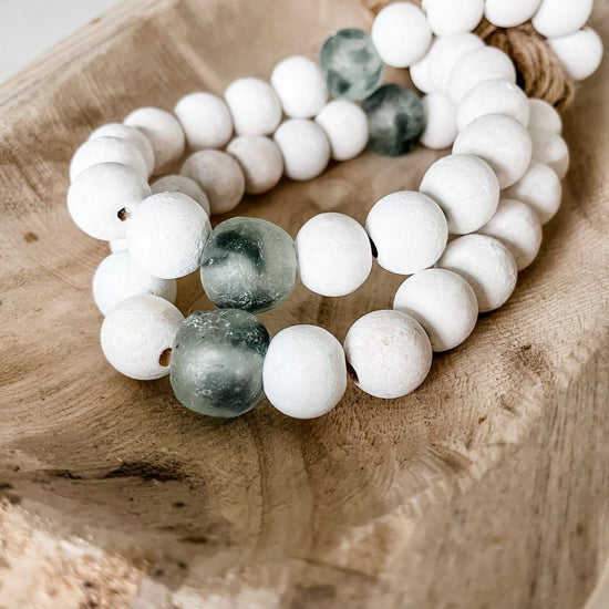 Whitewashed Wood Bead Garland with Jumbo Aqua Recycled Glass Beads