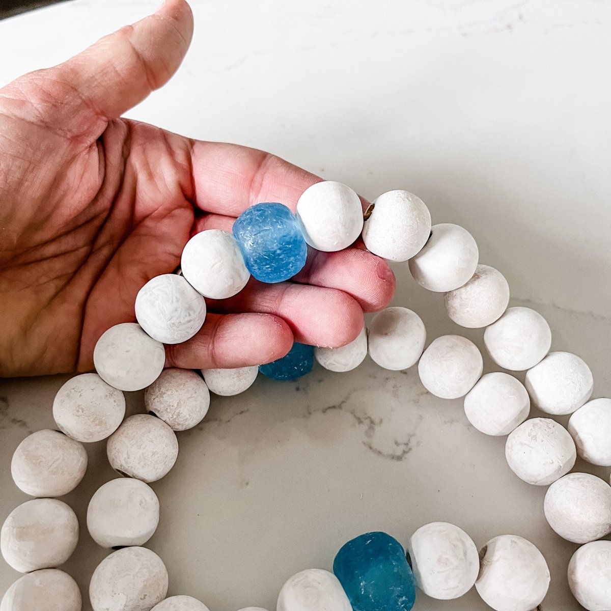 Whitewashed Wood Bead Garland with Jumbo Cobalt Blue Recycled Glass Be –  sonder and wolf