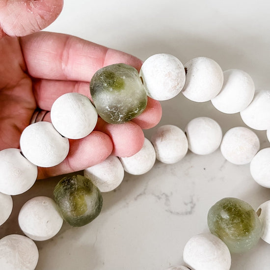 Whitewashed Wood Bead Garland with Jumbo Black Recycled Glass Beads