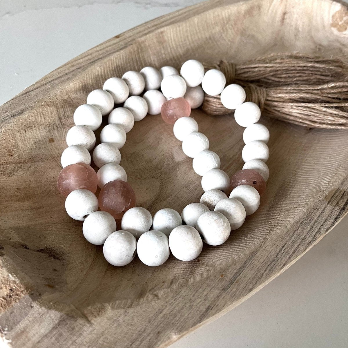 Whitewashed Wood Bead Garland with Jumbo Cobalt Blue Recycled