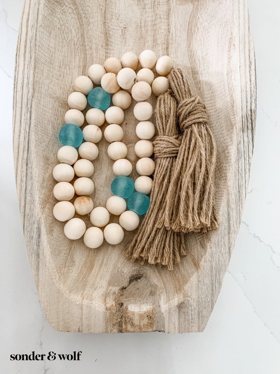 Whitewashed Wood Bead Garland with Jumbo Aqua Recycled Glass Beads – sonder  and wolf