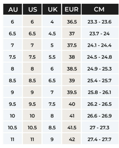 Size Guide – UK | Sécra Shoes Pty Ltd