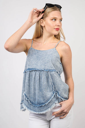 Washed Denim Babydoll Hot Summer Top (Preorder) - The Burlap Barn Boutique 