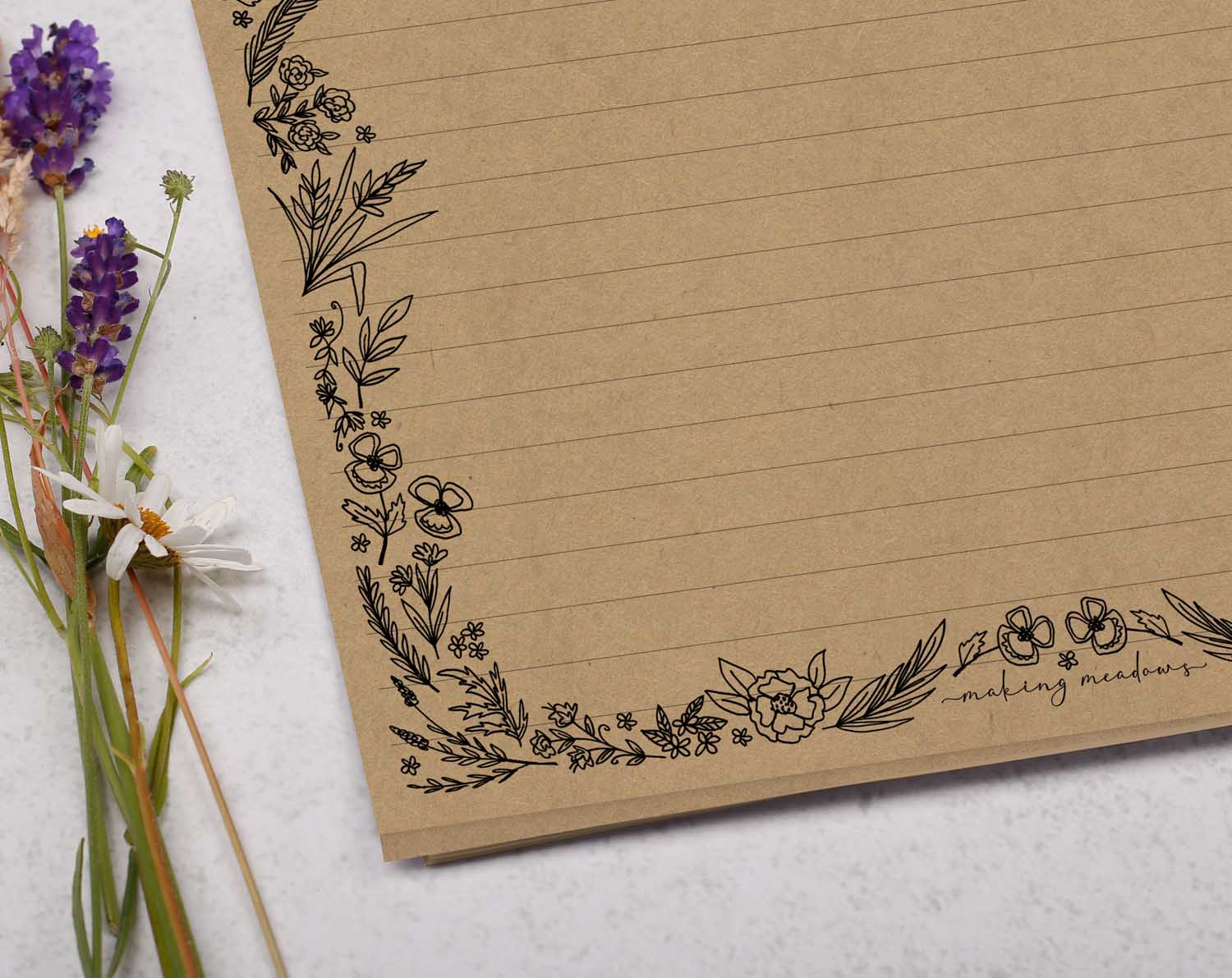 Printable Lined Letter Paper Minimalistic Flowers Stationery A4 US