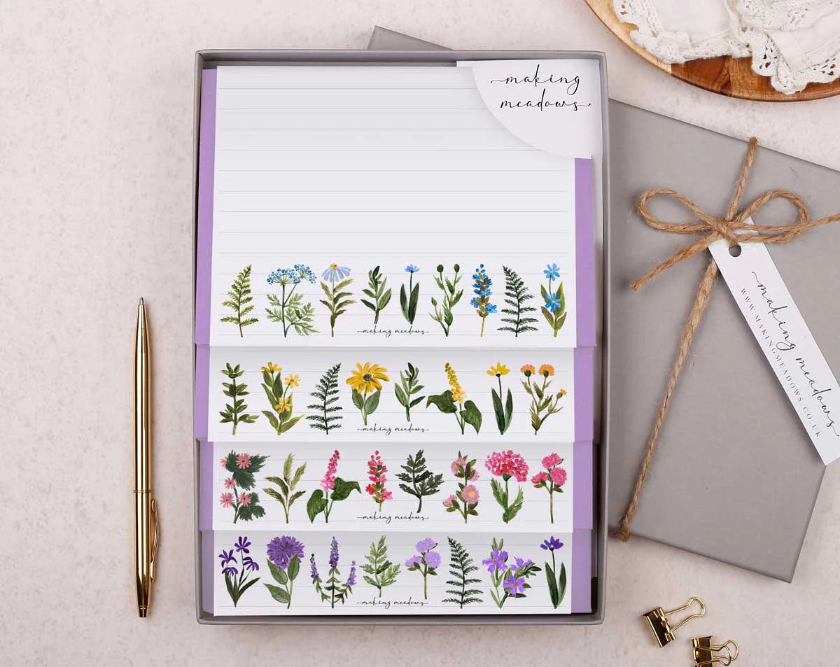 letter writing set with meadow flower border and lilac envelopes