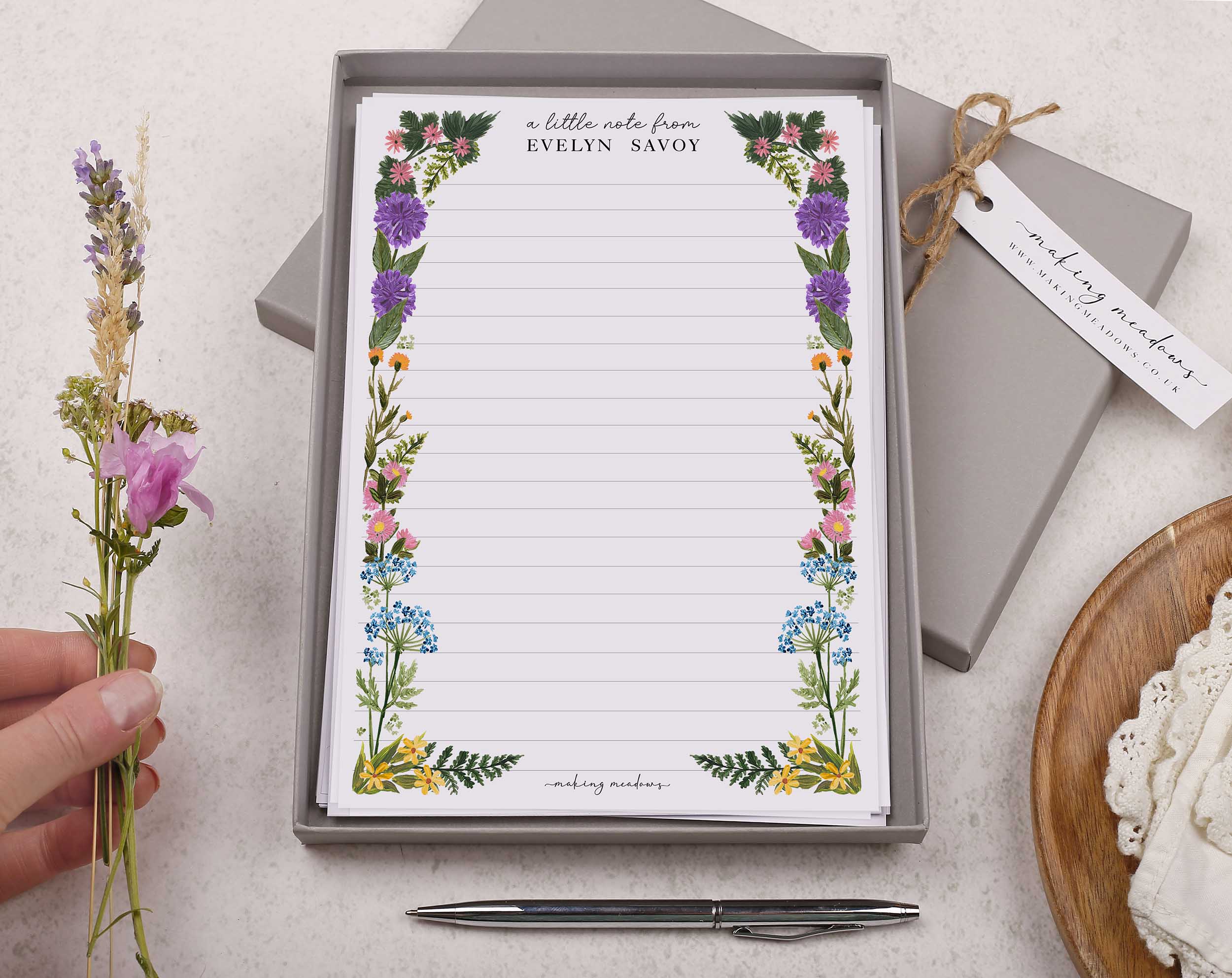Personalised A5 writing paper with meadow flowers