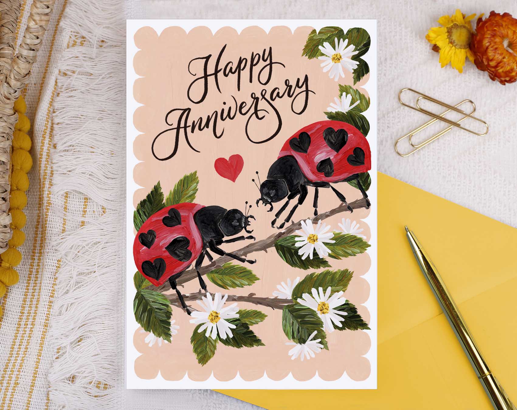 anniversary card with ladybirds and daisies