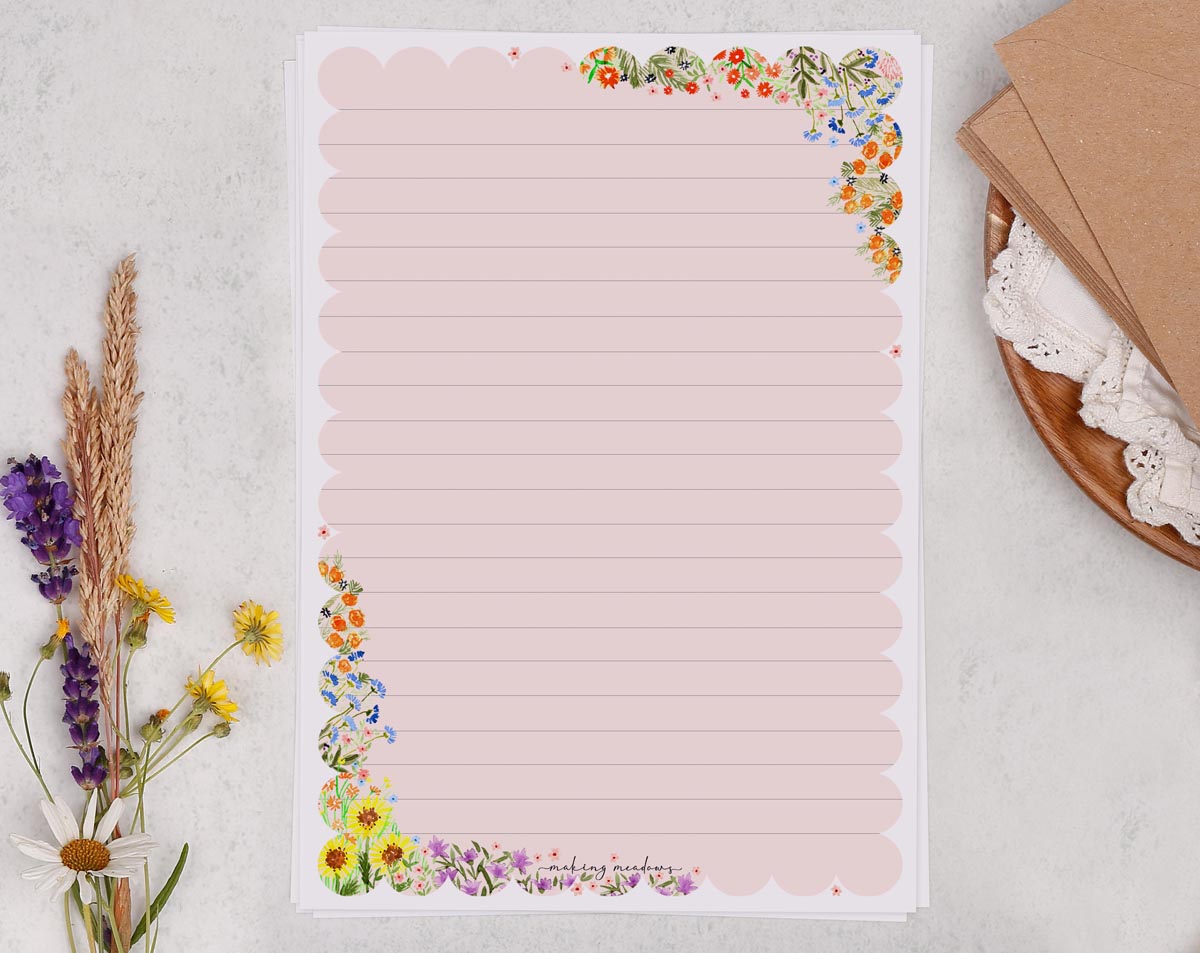 Watercolour Flower Border Lined A4 Paper, Instant Download