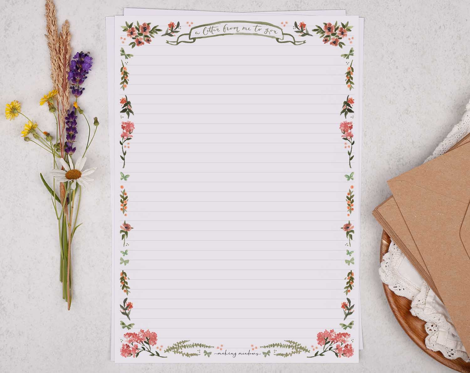 Pink A4 Writing Paper Sheets With Peony Flower Border - Making