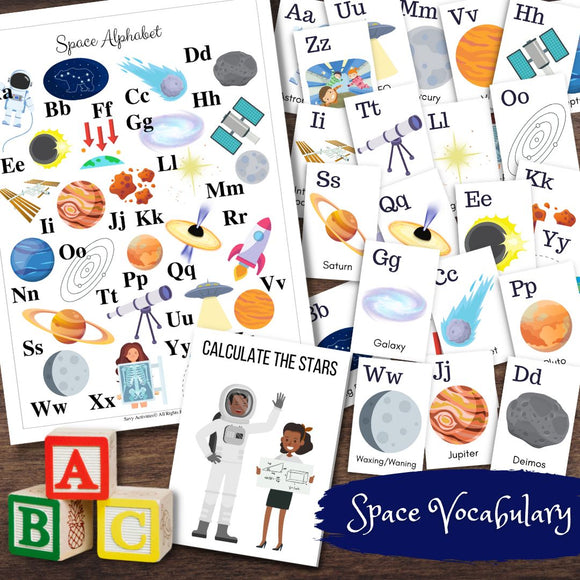 SPACE Alphabet Flash Cards ABCs & Poster | Mini Book | Vocabulary Spelling Letter Association