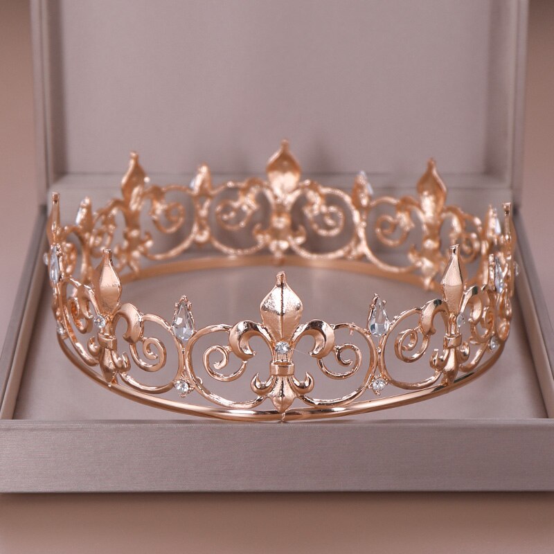 AiliBride Gold Round Crown King Queen Wedding Tiara Bride Headpiece Men Party Crystal Hair Jewelry W