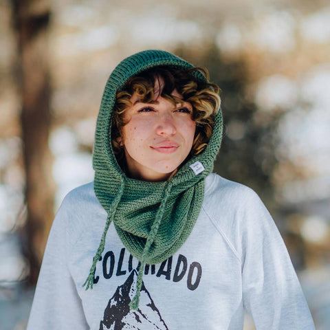 Handmade green knit hood made in Colorado, perfect layer for any season!