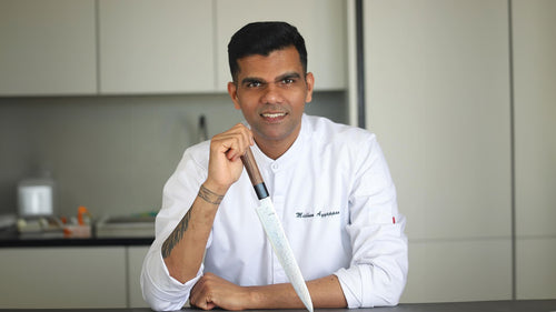 Chef Midhun Ayyappan flexing his Syosaku knife.