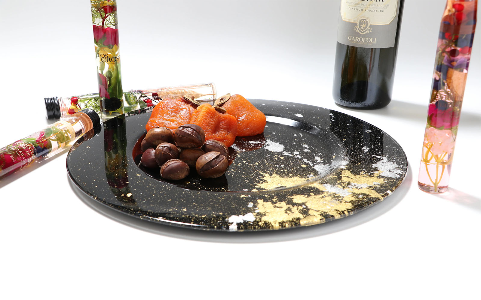 Dried Persimmon with roasted chestnuts on Syosaku Japan Urushi Glass Charger Plate-L Jet Black with Gold Leaf, Dishwasher Safe