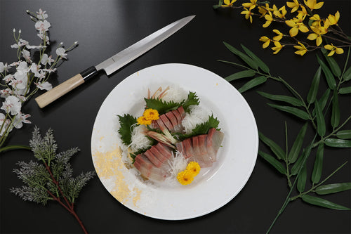 Hiramasa Sashimi, presented on Syosaku Urushi Glass Dinner Plate Pure White with Gold Leaf