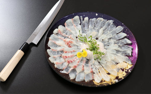 Usuzukuri (thinly sliced Hirame and Tai), presented on Syosaku Urushi Glass Flat Dinner Plate Majestic Blue