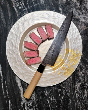 Engraved Gyuto knife and Urushi Glass Plate for Johnny Prime from Syosaku-Japan