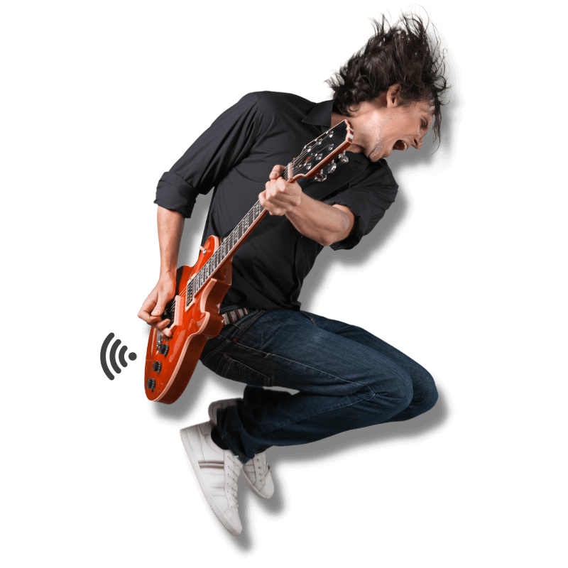 guitarist playing wirelessly jumping midair