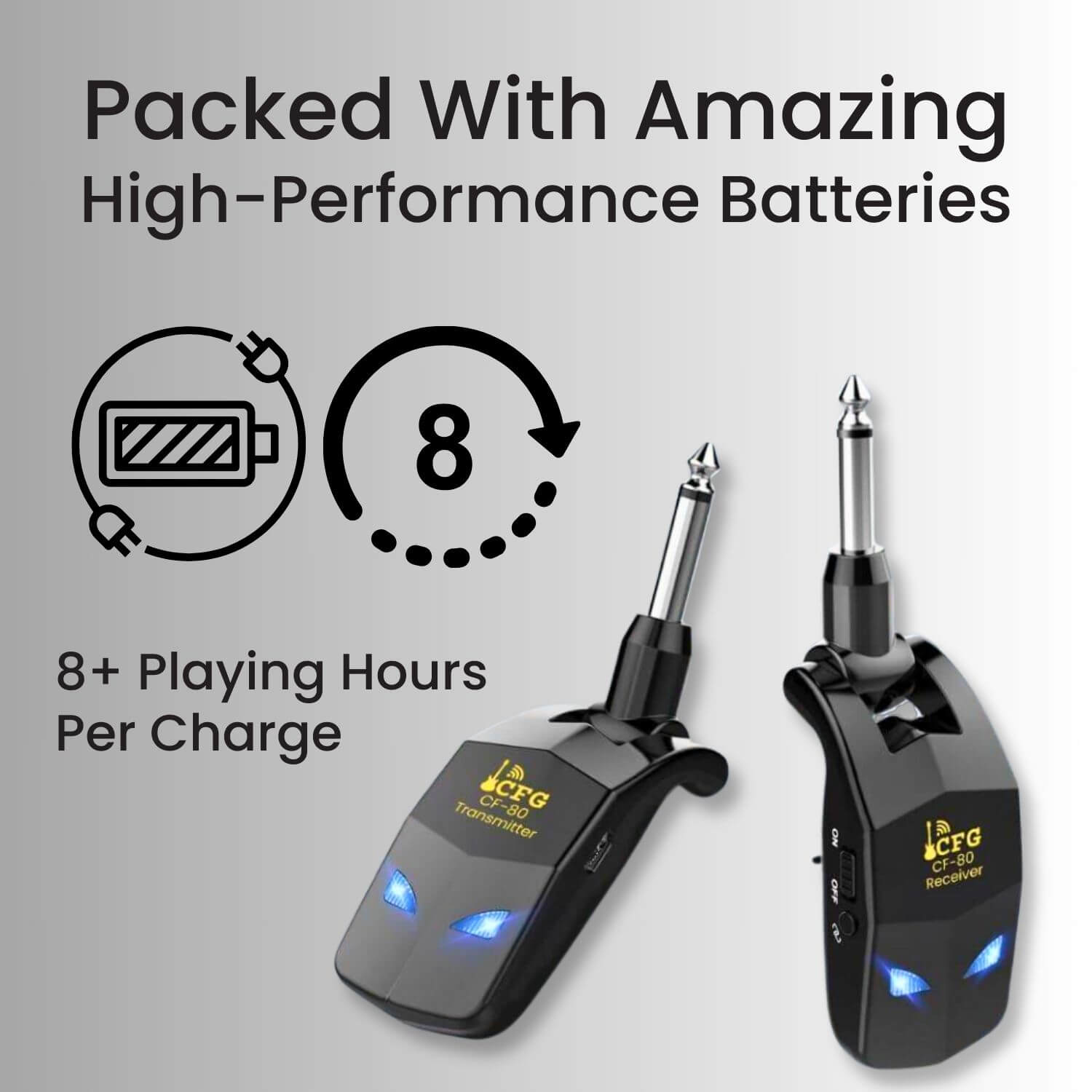 The image features the CFG CF-80 wireless system's transmitter and receiver against a grey background. The text 'Packed With Amazing High-Performance Batteries' is prominently displayed, along with icons illustrating a battery and an 8-hour cycle, emphasizing the system's durable battery life. The units are black with blue LED indicators lit, and the caption '8+ Playing Hours Per Charge' reinforces the long-lasting playtime capability of these devices.