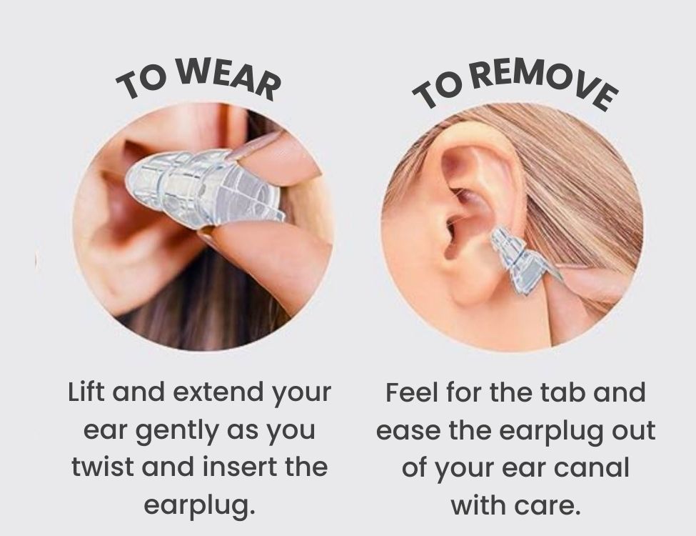 An instructional image for CFG musicians showing the correct usage of earplugs. On the left, under the caption "TO WEAR", it demonstrates how to insert earplugs, with text instructing to "Lift and extend your ear gently as you twist and insert the earplug." The right side, labeled "TO REMOVE", illustrates the removal process with text guiding to "Feel for the tab and ease the earplug out of your ear canal with care." Both images emphasize a gentle approach to ensure the earplugs provide effective sound filtration without discomfort.