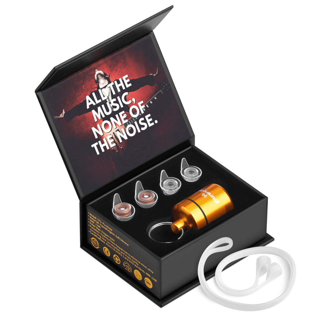An open PureNote packaging box revealing earplugs and accessories, with the slogan 'All the music, none of the noise' printed inside the lid, highlighting the product's ability to filter out unwanted noise while preserving audio quality, perfect for CFG Cable Free Guitar enthusiasts seeking pure sound.