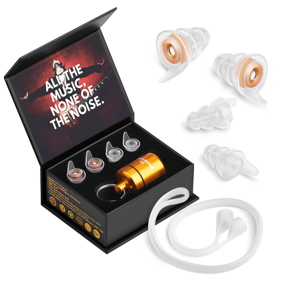 A set of CFG's new PureNote earplugs, elegantly presented in an open black box with the captivating slogan "All the music, none of the noise" displayed inside the lid. The set includes multiple earplug options with varying sizes and materials to ensure a customized fit, emphasizing the brand's dedication to providing a pure and immersive musical experience while protecting the user's hearing.
