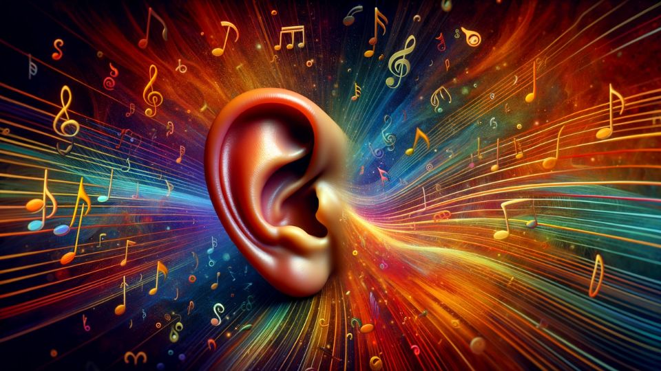 A surreal representation of an ear with an explosion of colorful musical notes and beams radiating from its center, symbolizing the vibrant and dynamic world of sound that musicians and listeners alike are immersed in. The image captures the essence of music as a sensory experience and underscores the importance of ear health in the enjoyment and creation of music.