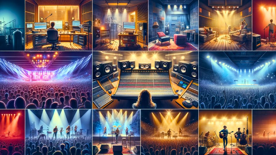 A collage of vibrant, richly detailed images portraying various music scenes, including a musician's recording studio with state-of-the-art equipment, cozy rehearsal spaces with instruments, and dynamic live concert venues filled with energetic crowds. The array of scenes captures the full spectrum of a musician's journey from creation to performance, highlighting the immersive and emotional power of live and recorded music.
