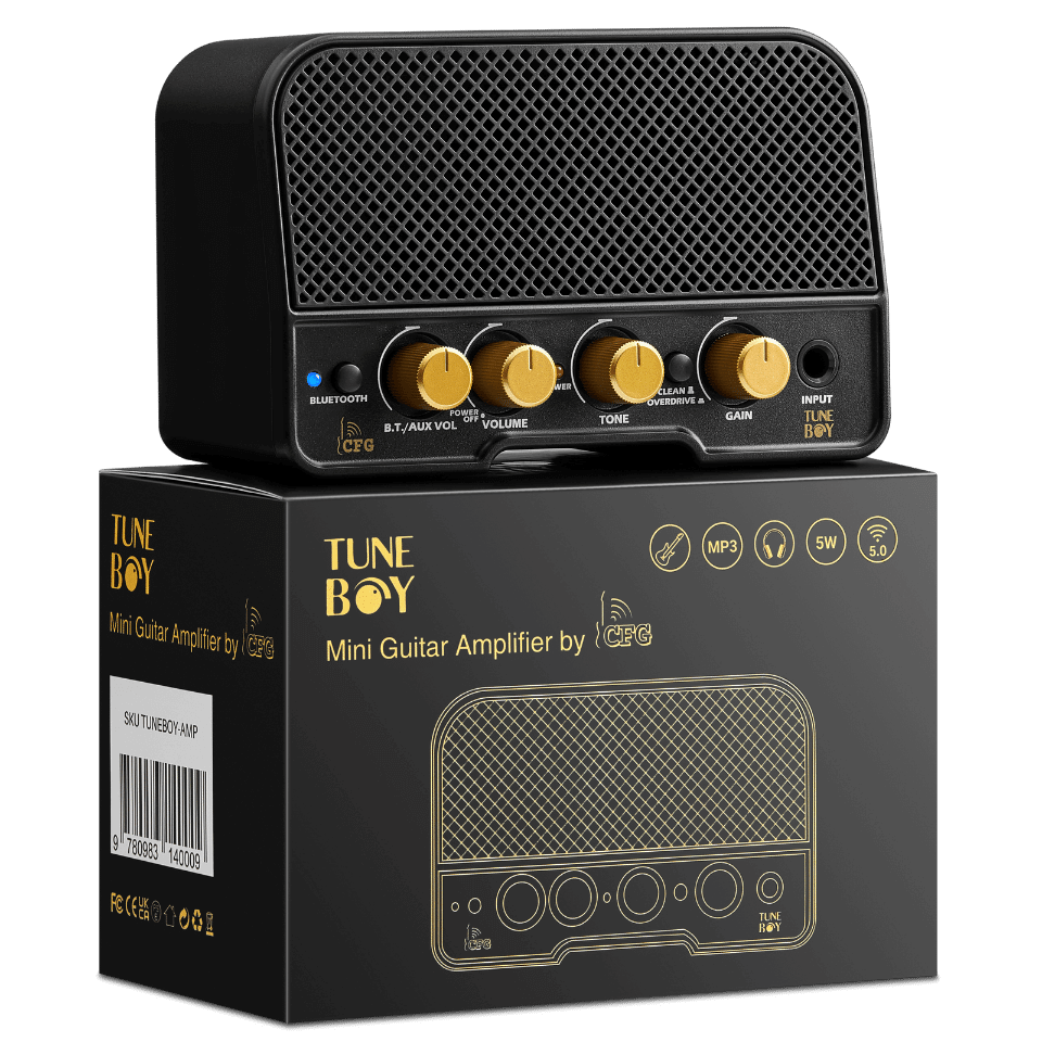 The TuneBoy Mini Guitar Amplifier by CFG rests atop its packaging, showcasing its sleek design with gold control knobs, Bluetooth functionality, and a 5W output for powerful, portable sound.