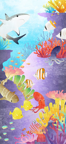 octopus, shark, coral and fish in a reef environment