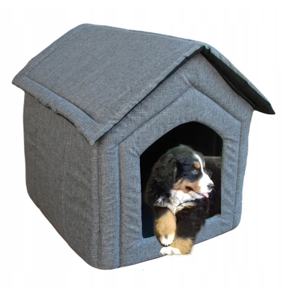 Hjemmelaget hundehus for store hunder, seng, grått hus