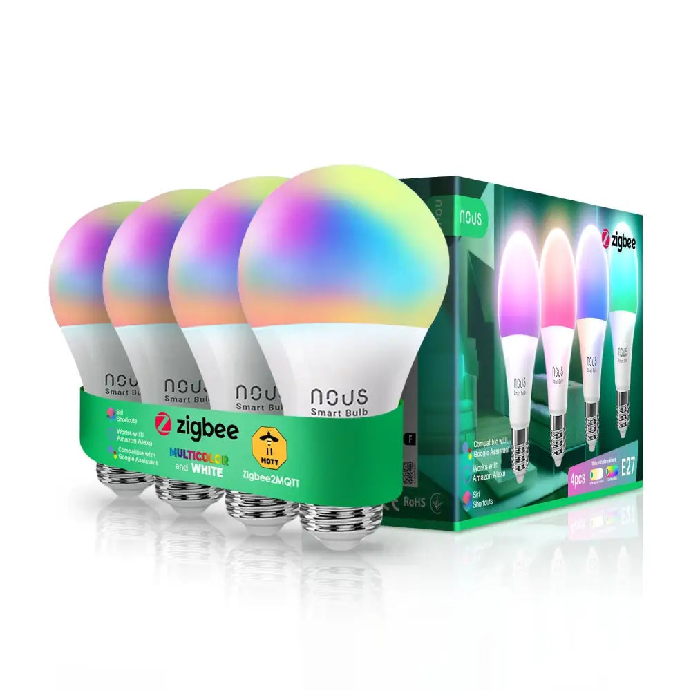 Intelligent pære E27 RGB Zigbee Nous P3Z, fire flerfargede lyspærer foran grønn eske, skrå vinkel.