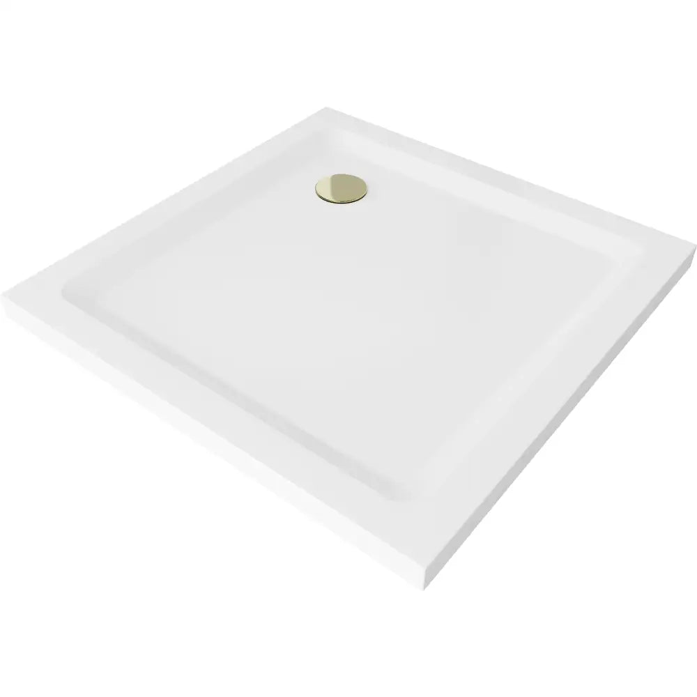 Mexen Flat kvadratisk slim dusjbunn 80x80 cm, hvit, gullfarget avløp - 40108080G