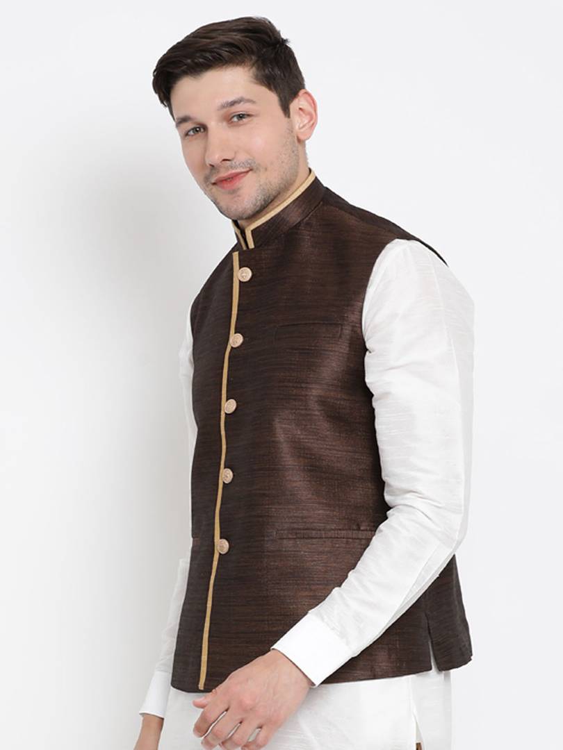 Vastramay Men's Brown Cotton Silk Blend Solid Ethnic Jackets