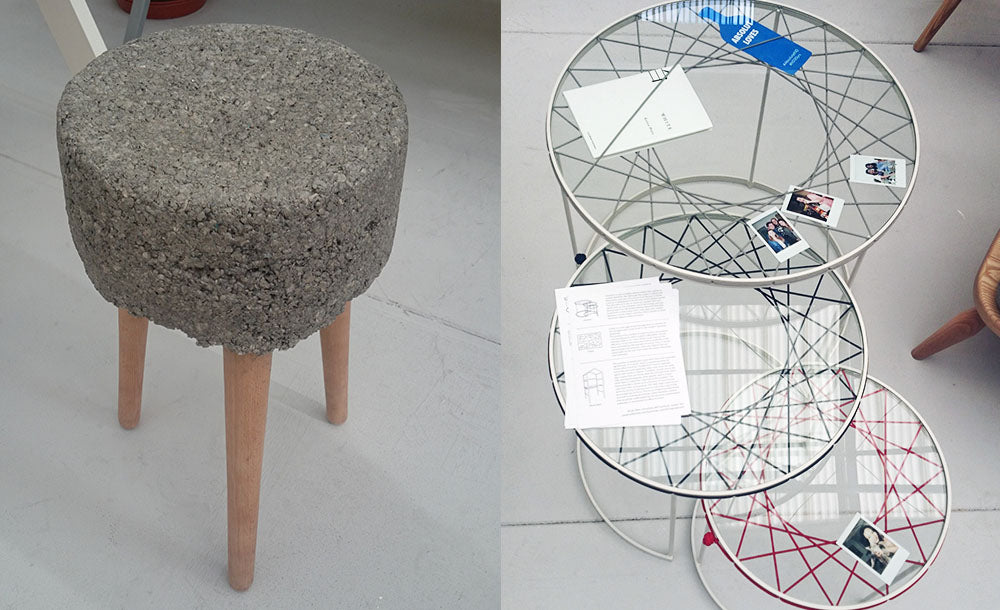 Concrete stool design and round glass tables with elastic at New Designers