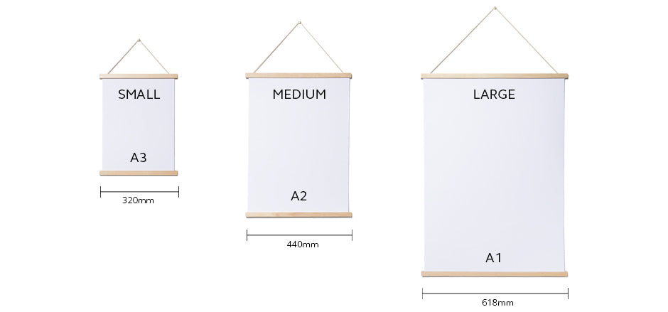 Magnetic Poster Frames are available in 3 sizes for A3, A2 and A1 posters and prints