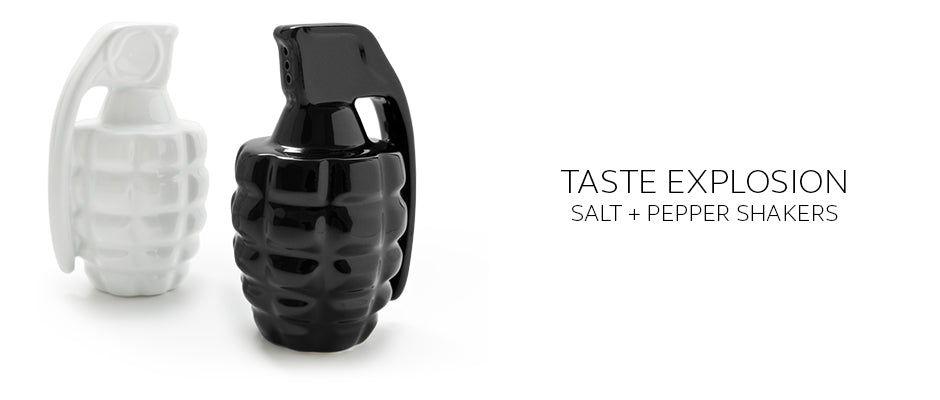 Taste Explosion ceramic grenade salt and pepper shakers in black and white