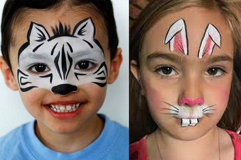 A boy and a girl showcasing their zebra and rabbit face painting for kids, respectively, highlighting the versatility of face paint designs