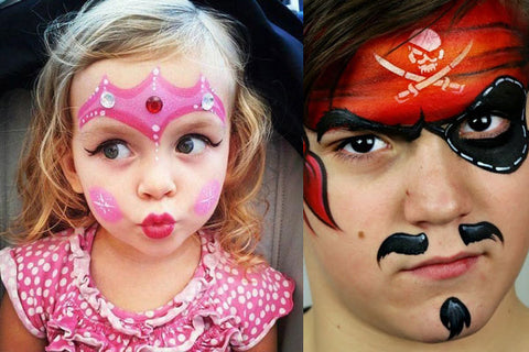 A girl and a boy beautifully adorned with princess and pirate face painting for kids, demonstrating the endless possibilities for imaginative play