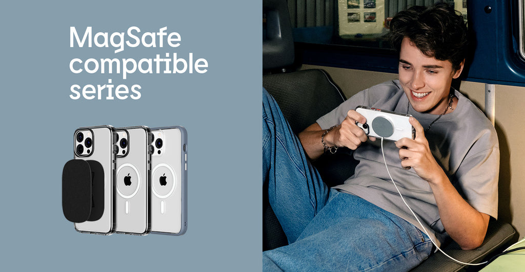 RHINOSHIELD  phone accessories magsafe compatible series. a man holding his phone while he is using MagSafe charger.