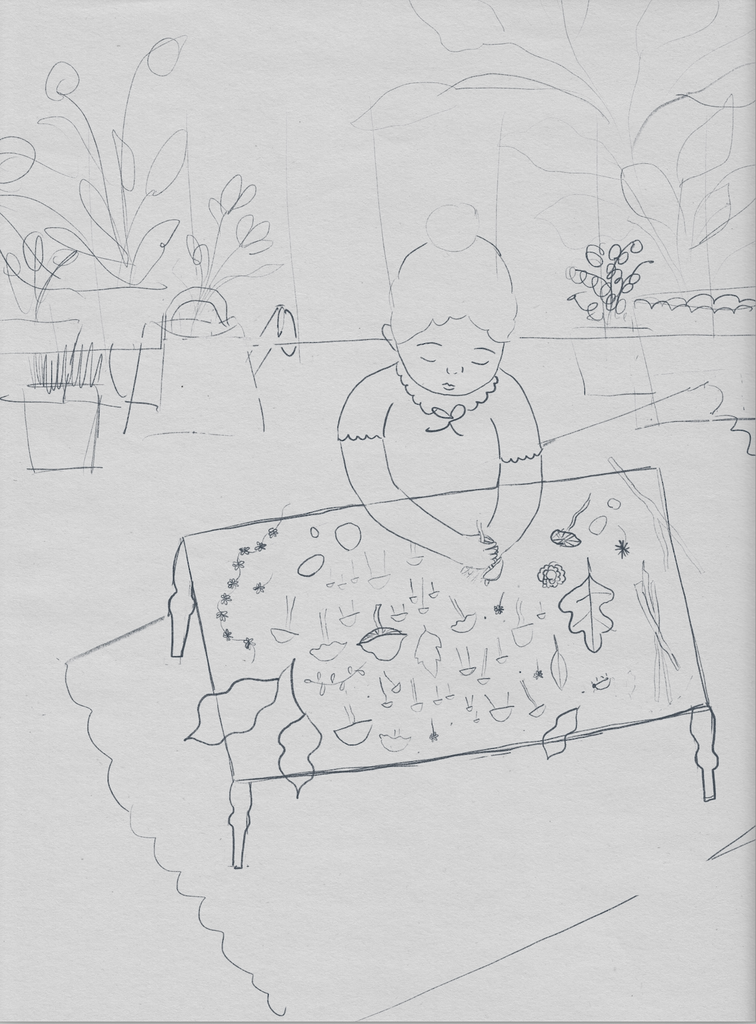 Sketch on newsprint of a child sitting on the ground with a small table in front of them. They are arranging the leaves, mushrooms, and flowers on the table.