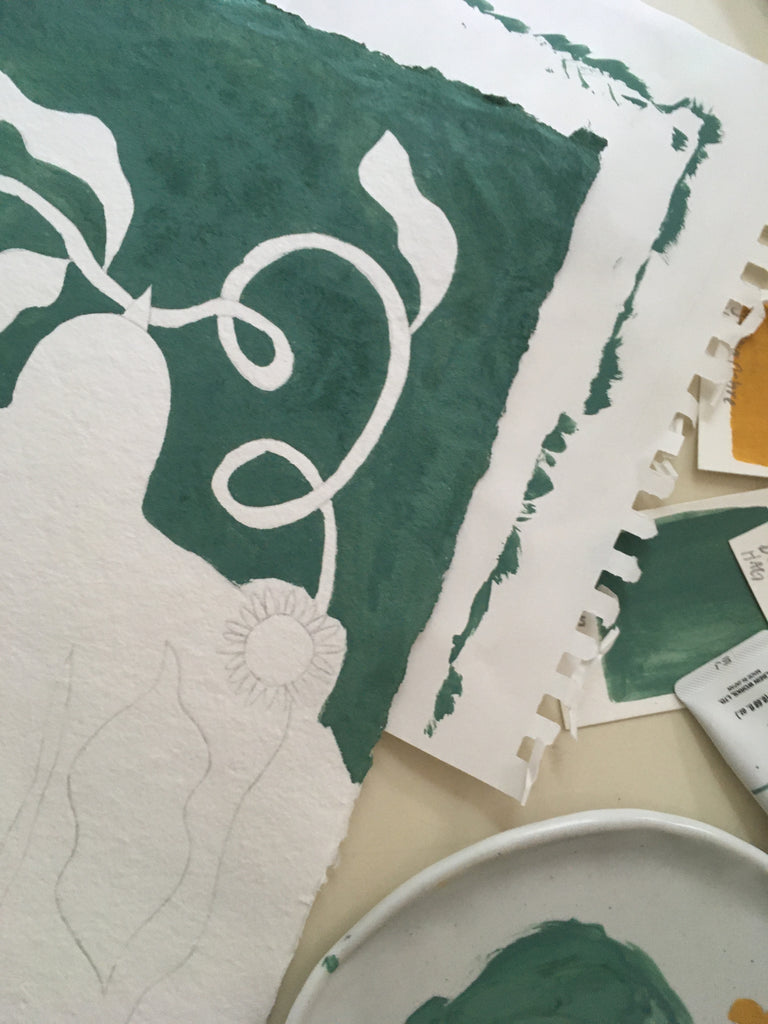 Work in progress painting by artist and illustrator, Meenal Patel. Muted green painted on textured paper.