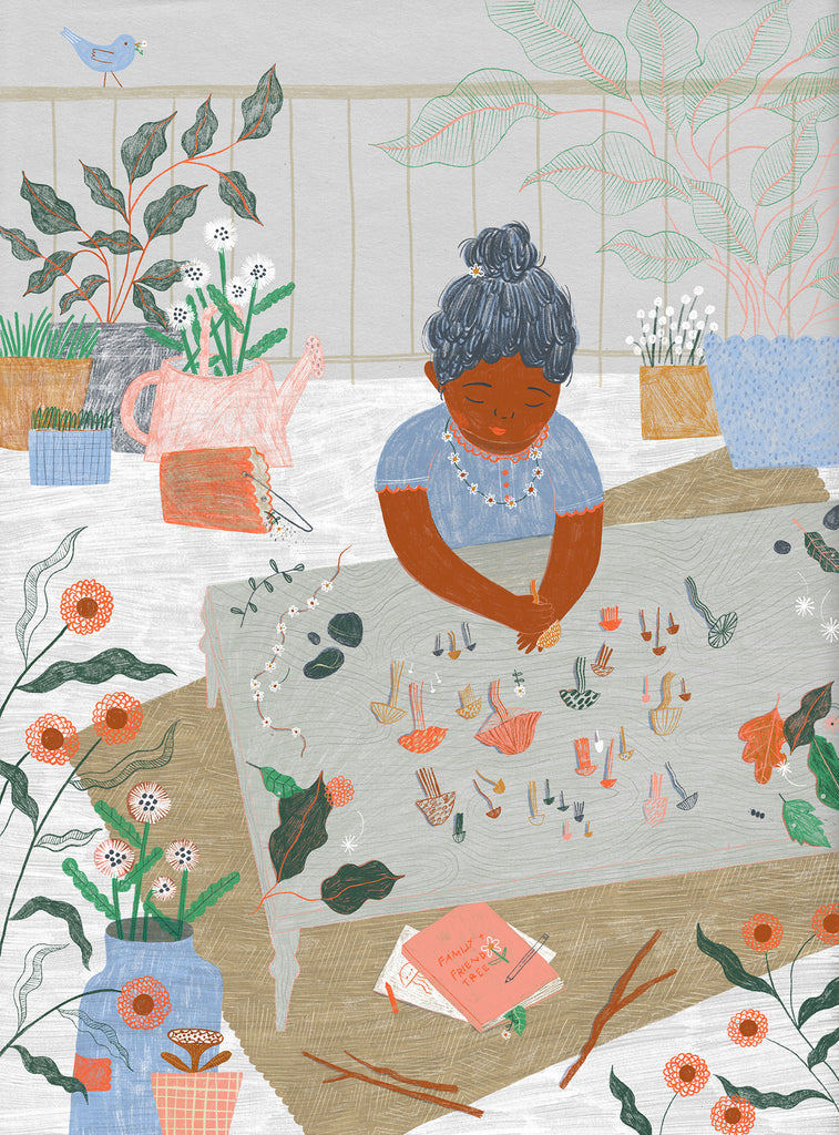 An illustration of a child sitting on the floor of a porch behind a small table. She is arranging tiny mushrooms into clusters. The table is have leaves and rocks and tiny flowers scattered around. She wears a daisy garland like a necklace. There is a book on the floor under the table that reads Family and Friend Tree on the cover. There are potted plants surrounding her and blue bird sitting on the porch rail.