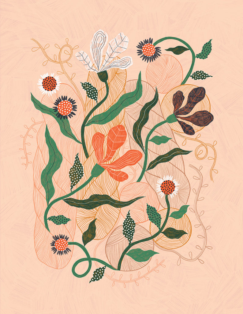 Illustration of linear skeins and spools of yarn clustered together in light pinks and yellows. Stems of abstract flowers and vines grow out of them in richer colors – greens, vermillion, coral, navy, white. Textures through pencil markings, dots, and lines.