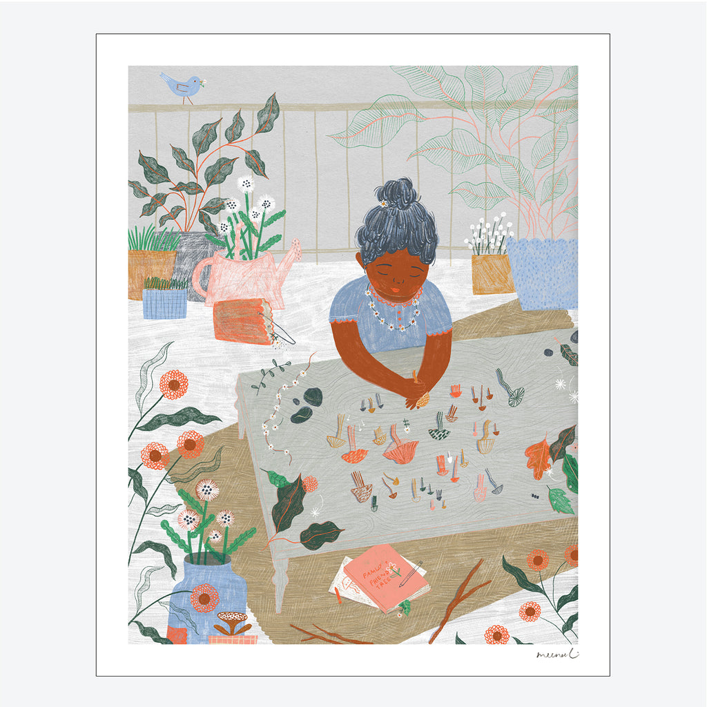 An illustration of a child sitting on the floor of a porch behind a small table. She is arranging tiny mushrooms into clusters. The table is have leaves and rocks and tiny flowers scattered around. She wears a daisy garland like a necklace. There is a book on the floor under the table that reads Family and Friend Tree on the cover. There are potted plants surrounding her and blue bird sitting on the porch rail.