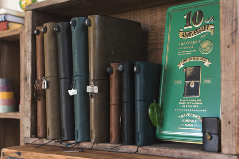 Traveler's Notebook collection displayed on a shelf